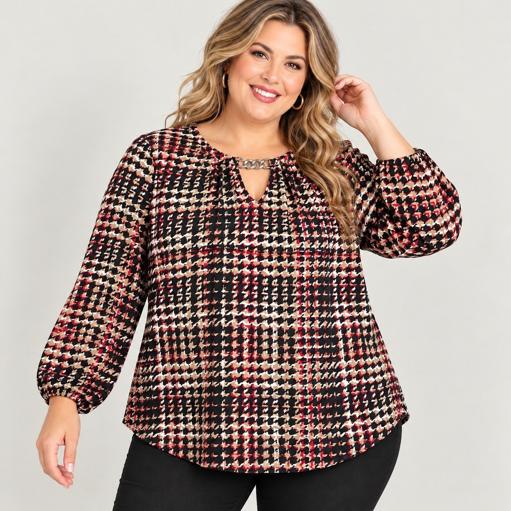 Anne Klein Women XXL Blouse Houndstooth Keyhole Chain Neck Long Sleeve Academia